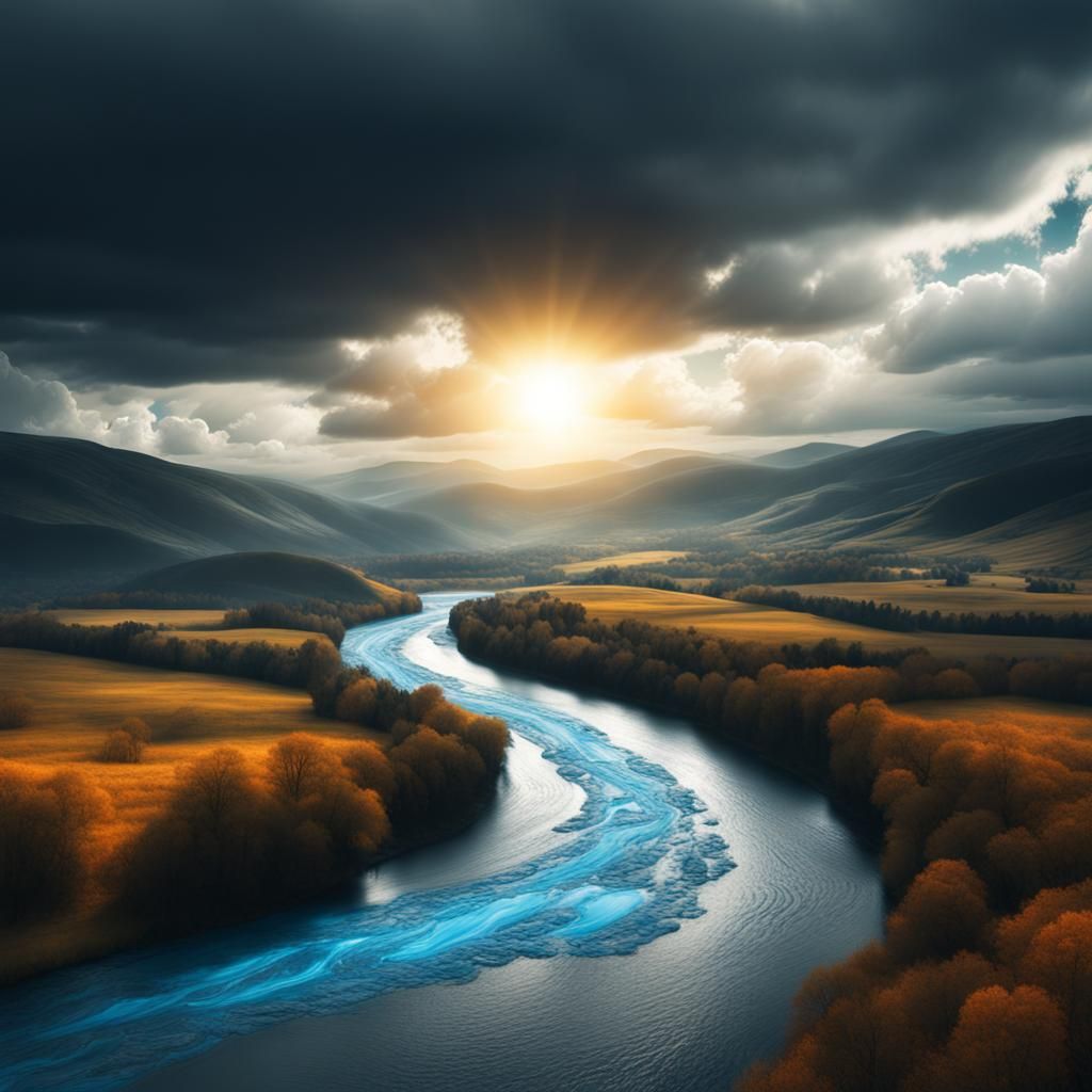 Selective Color Blue River in Rolling Hills