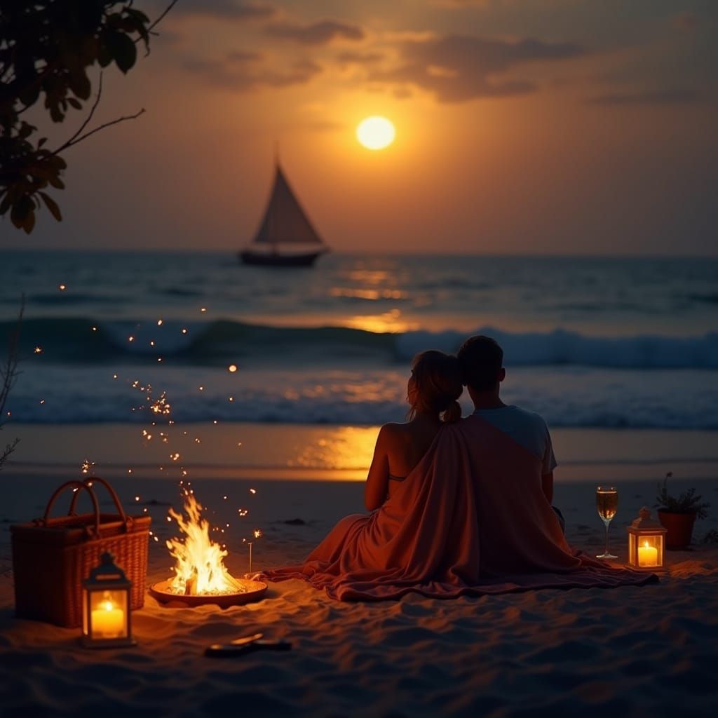 Romantic Beach Bonfire at Sunset: Cinematic Still