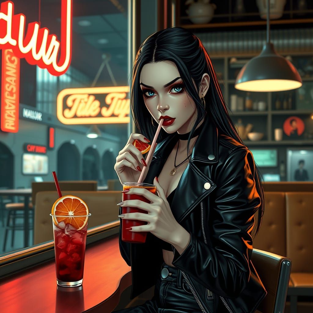 Futuristic Vampire Sips Blood Boba Tea in Moody Cafe