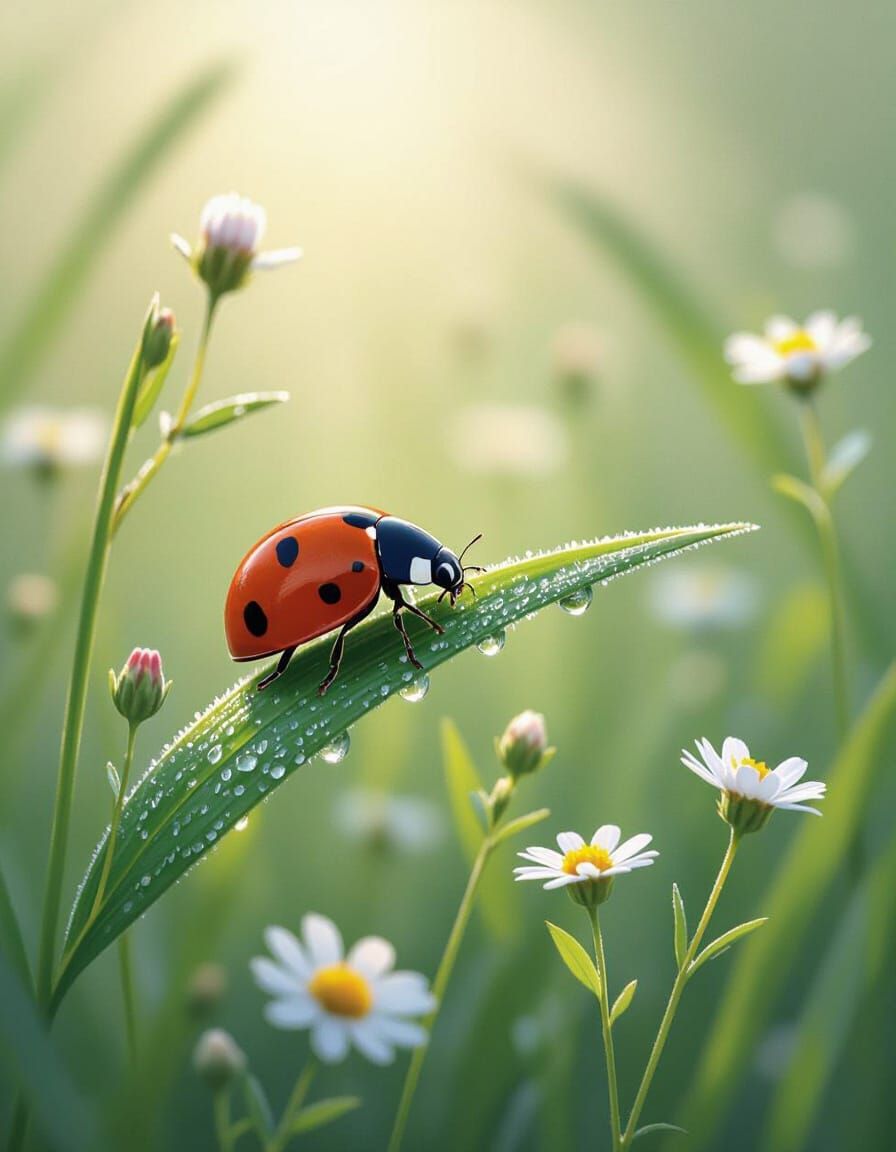 Hyperrealistic Ladybug on Dewy Grass in Impressionist Style
