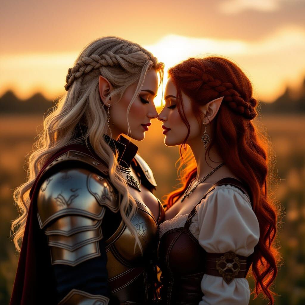 Paladin and Bandit Kissing in Golden Hour Light