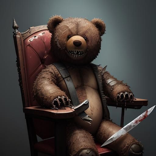 Menacing Teddy Bear with Knife: Hyperrealistic Concept Art
