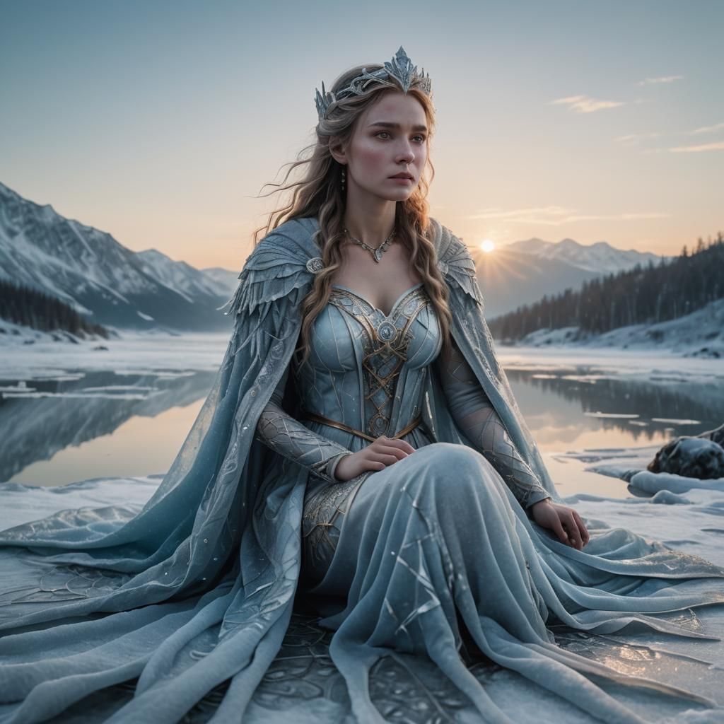 Ice Goddess by Frozen Lake in Fantasy Style