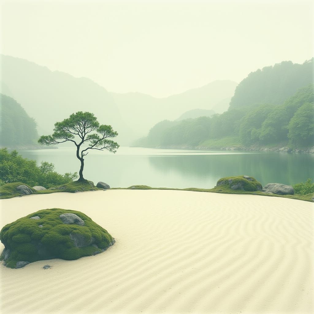 Tranquil Zen Garden with Bonsai Tree