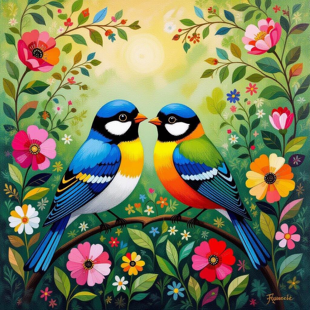 Birds' Embrace in Naive Art Style with Golden Details
