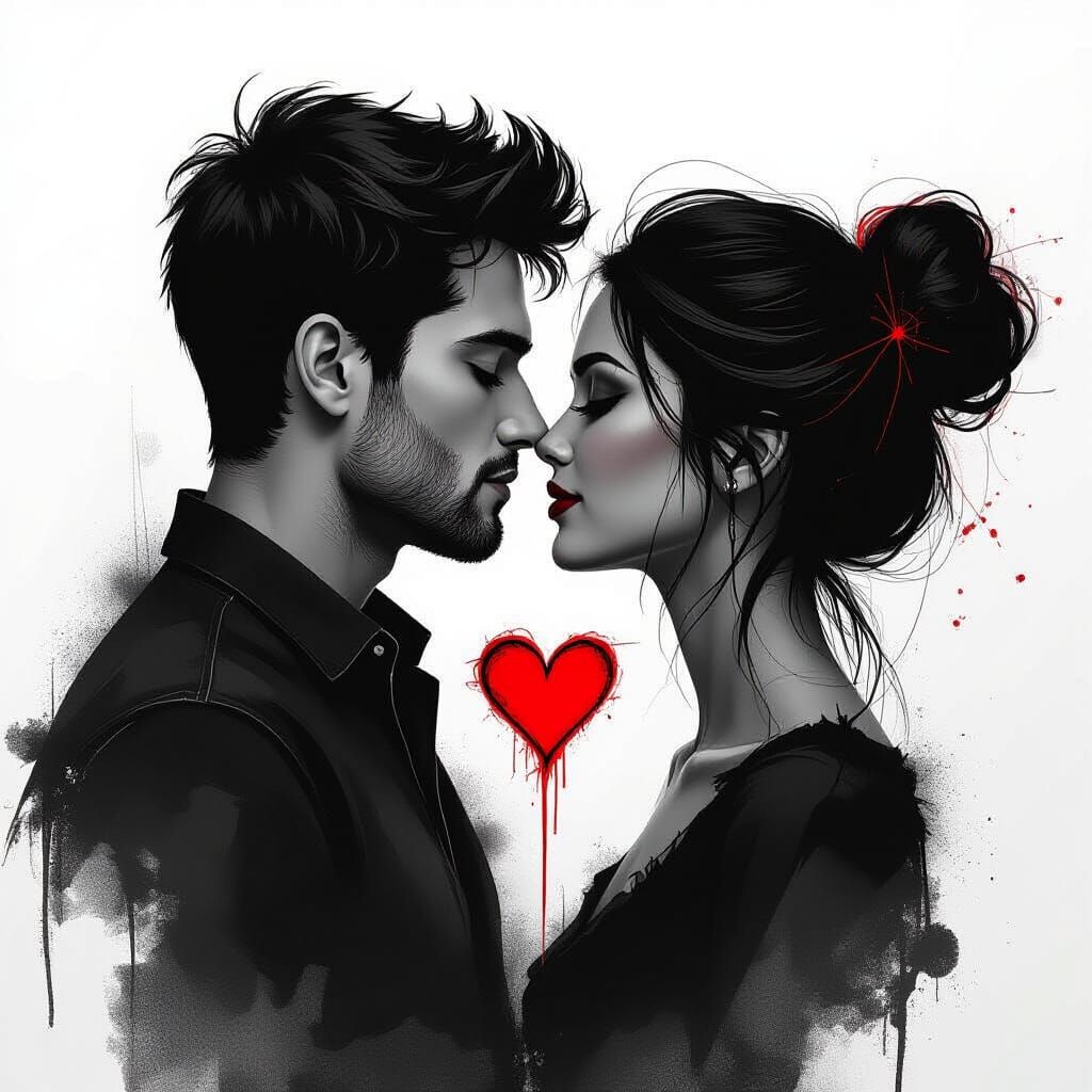 Chaotic Charcoal Drawing of Kissing Silhouettes