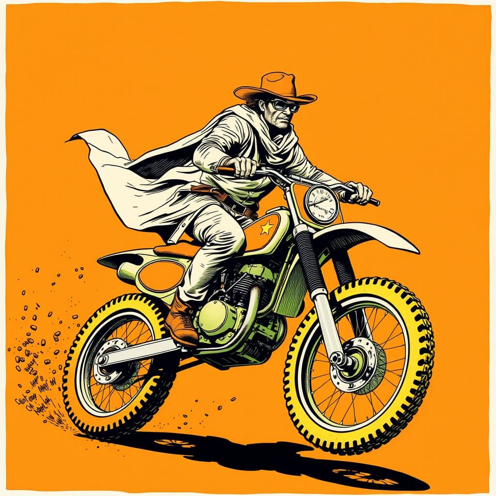 Cowboy Outlaw Leaping Dirt Bike in Underground Comix Style