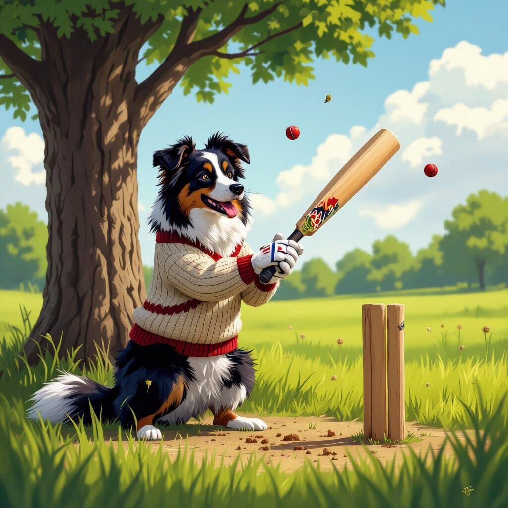 Tricolour Collie Plays Cricket in Meadow