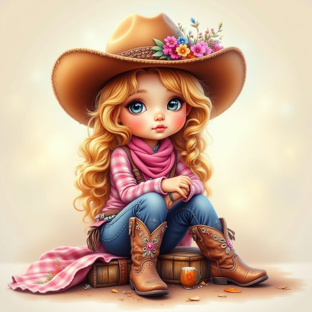 Cute Cowgirl Girl in Plaid Shirt with Flower Hat