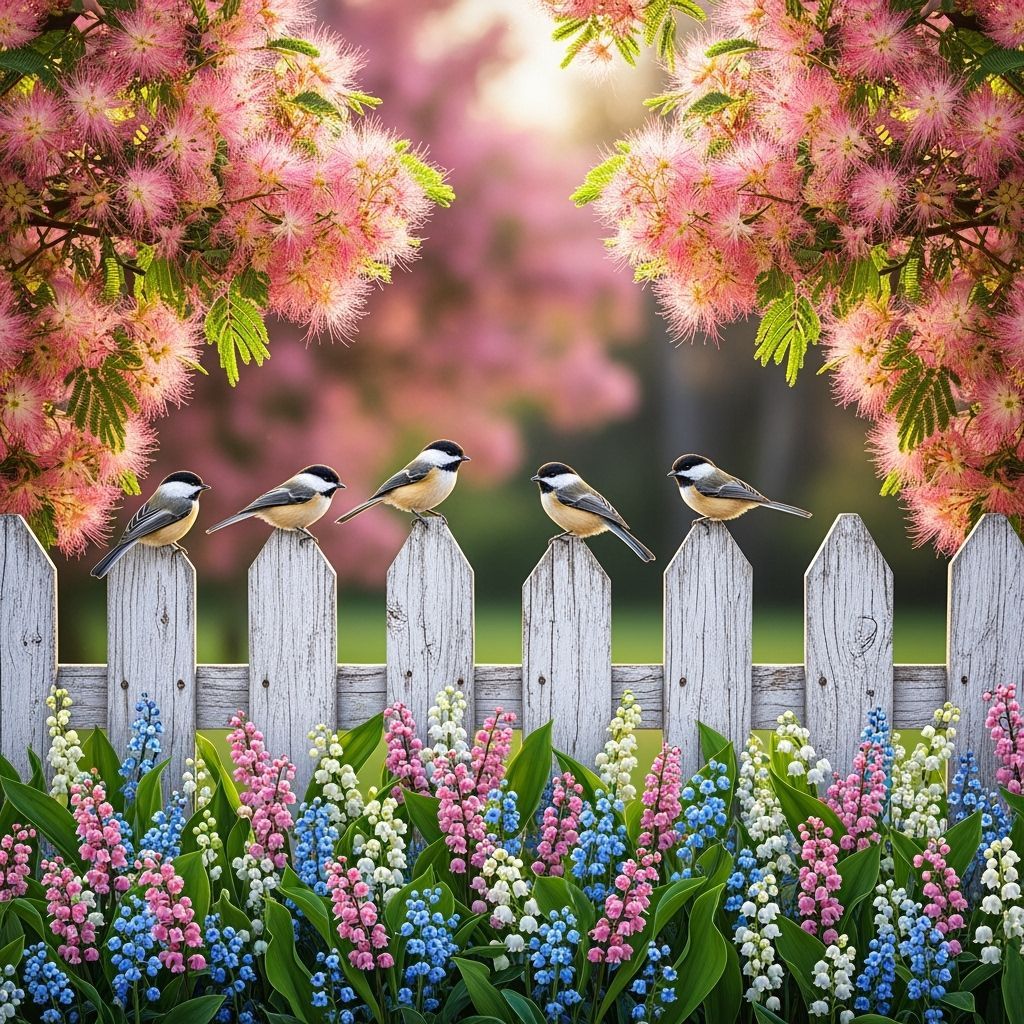 Chickadees and Lily of the Valley on Picket Fence