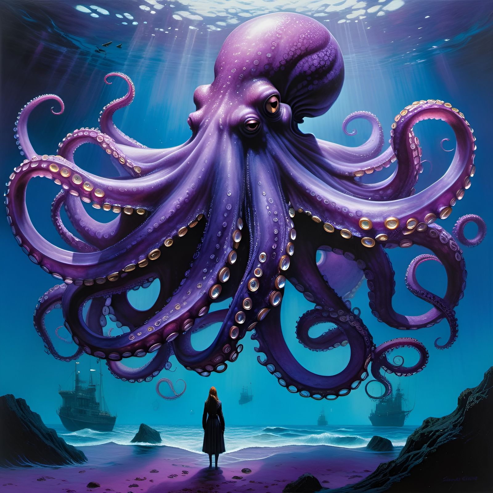 Purple Octopus Guarding Sunken Treasure in Maximalist Style