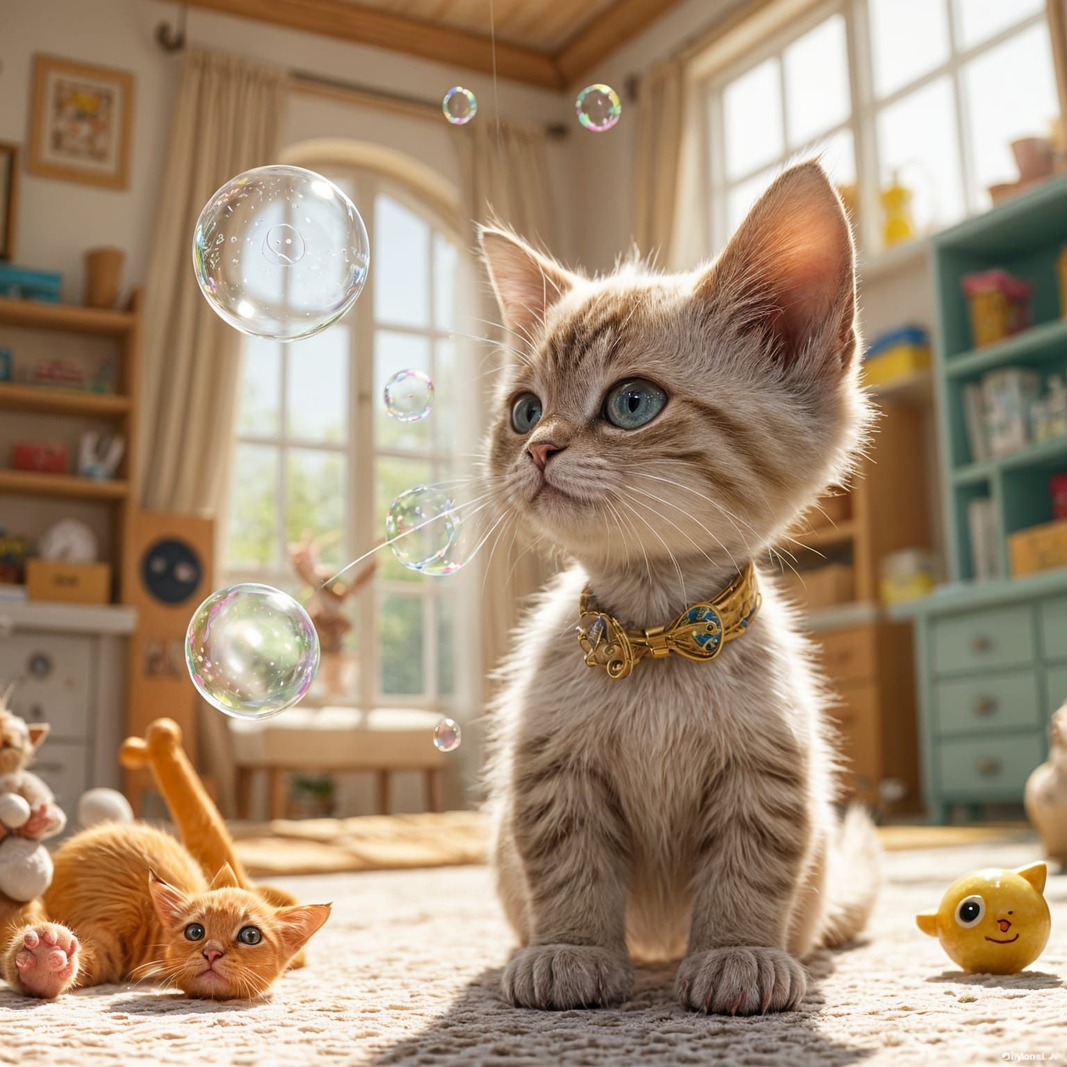 Hyperrealistic Kitten Plays with Soap Bubbles