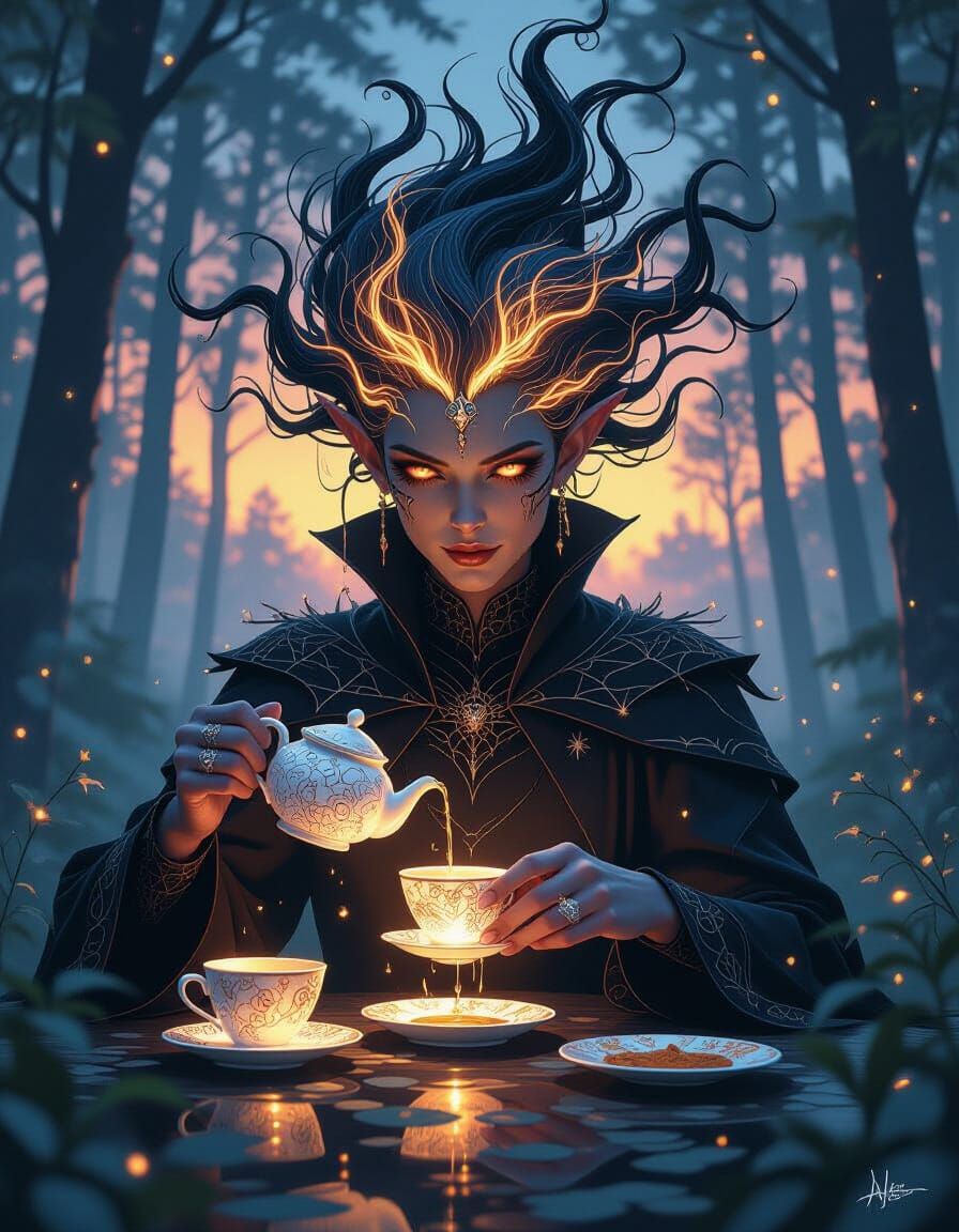 Dark Elf Pouring Tea in Enchanted Forest
