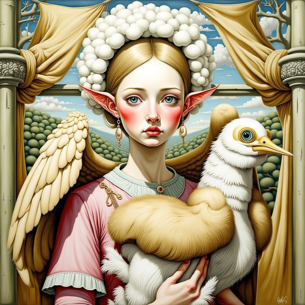 Ethereal Woman with Bird in Pop Surrealism Style