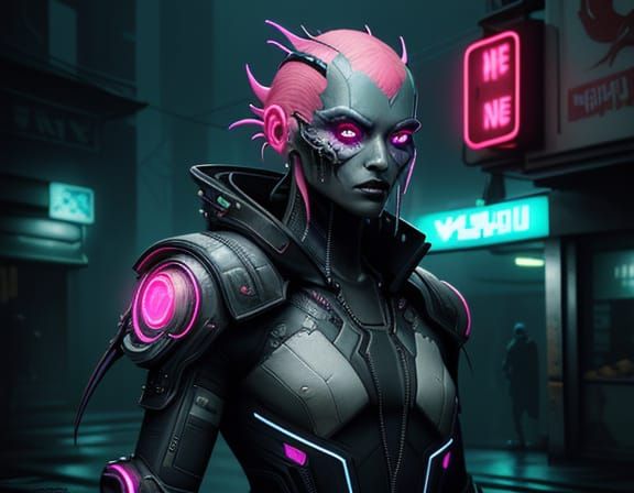 Cyberpunk Alien Bounty Hunter in Neon Noir Marketplace