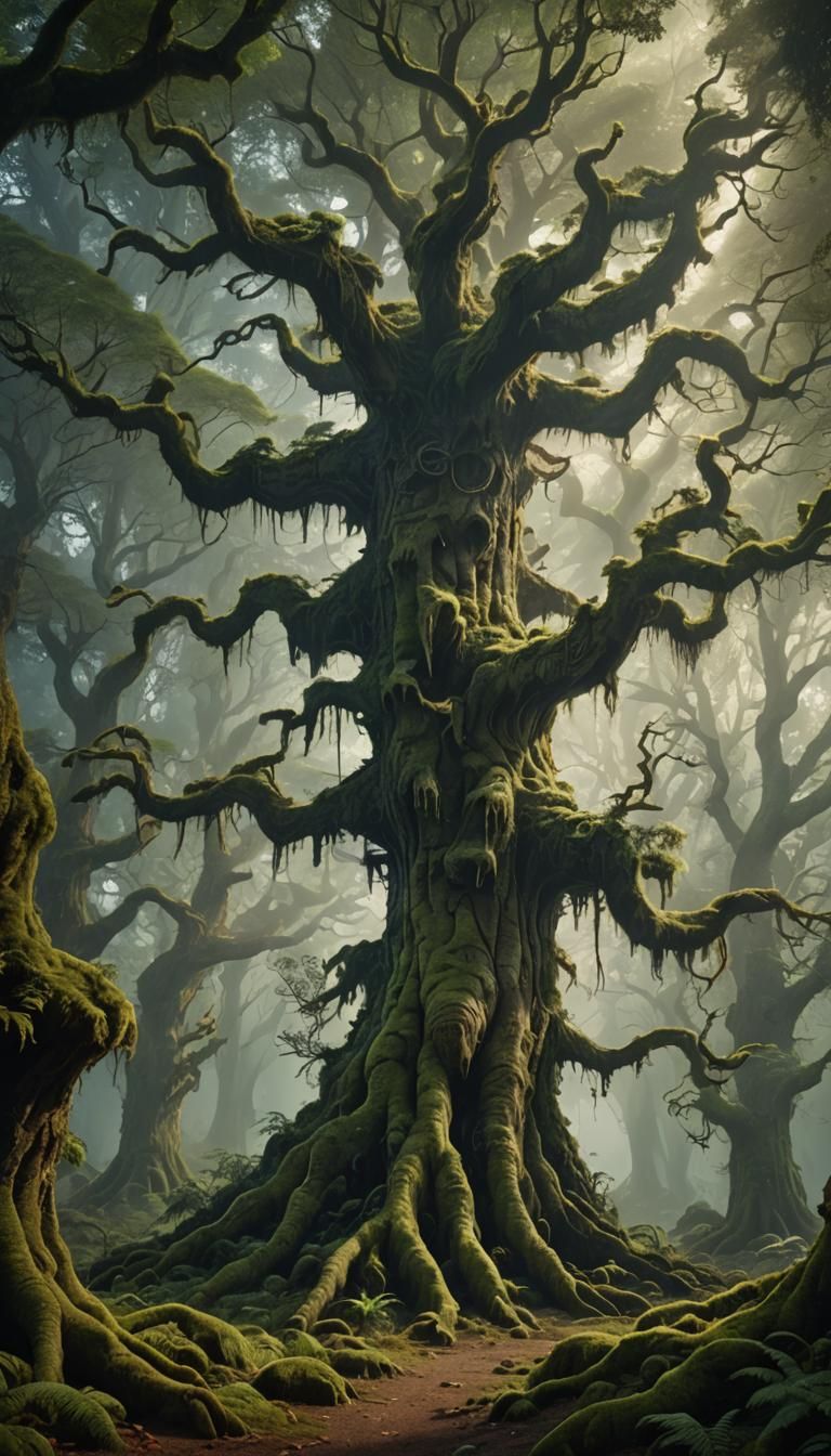 Mystical Forest: Ancient Trees in Morning Fog