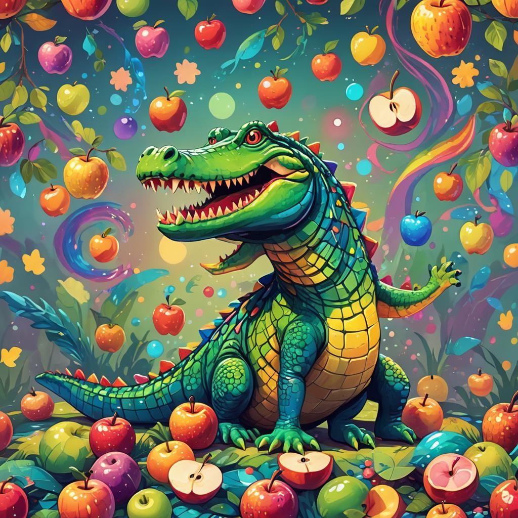 Rainbow Foot Crocodile Enjoys Apple: Whimsical Digital Art