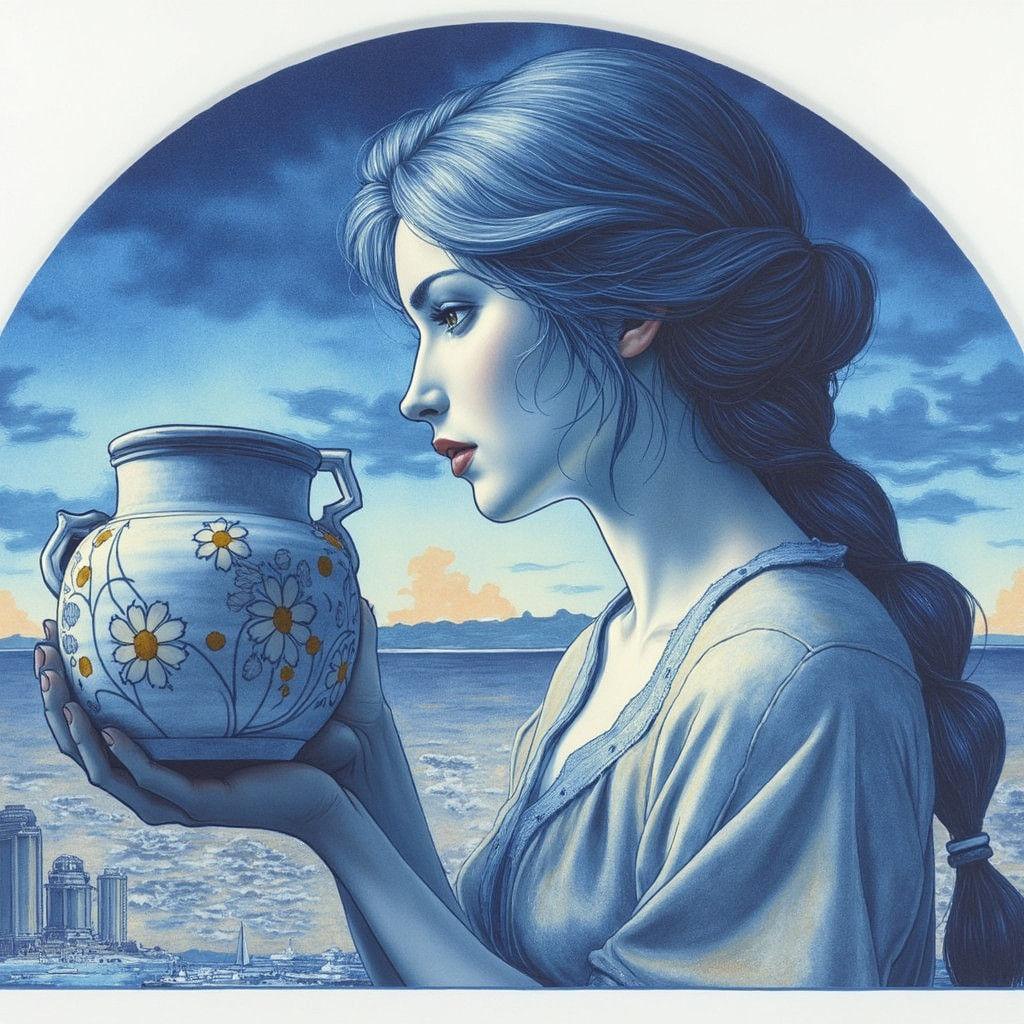 Polychrome Delftware in Cyanotype Style