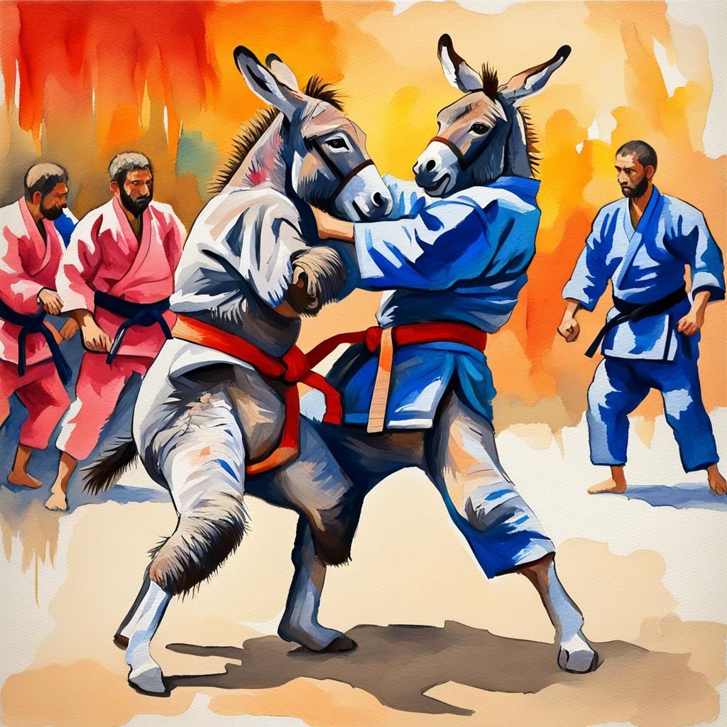 Donkey Jujitsu in Gouache Watercolor Style