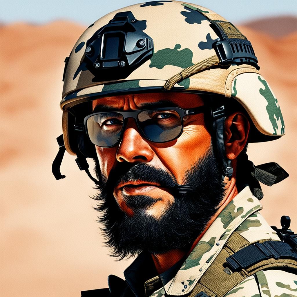 Man in Desert Camouflage with Helmet and Beard