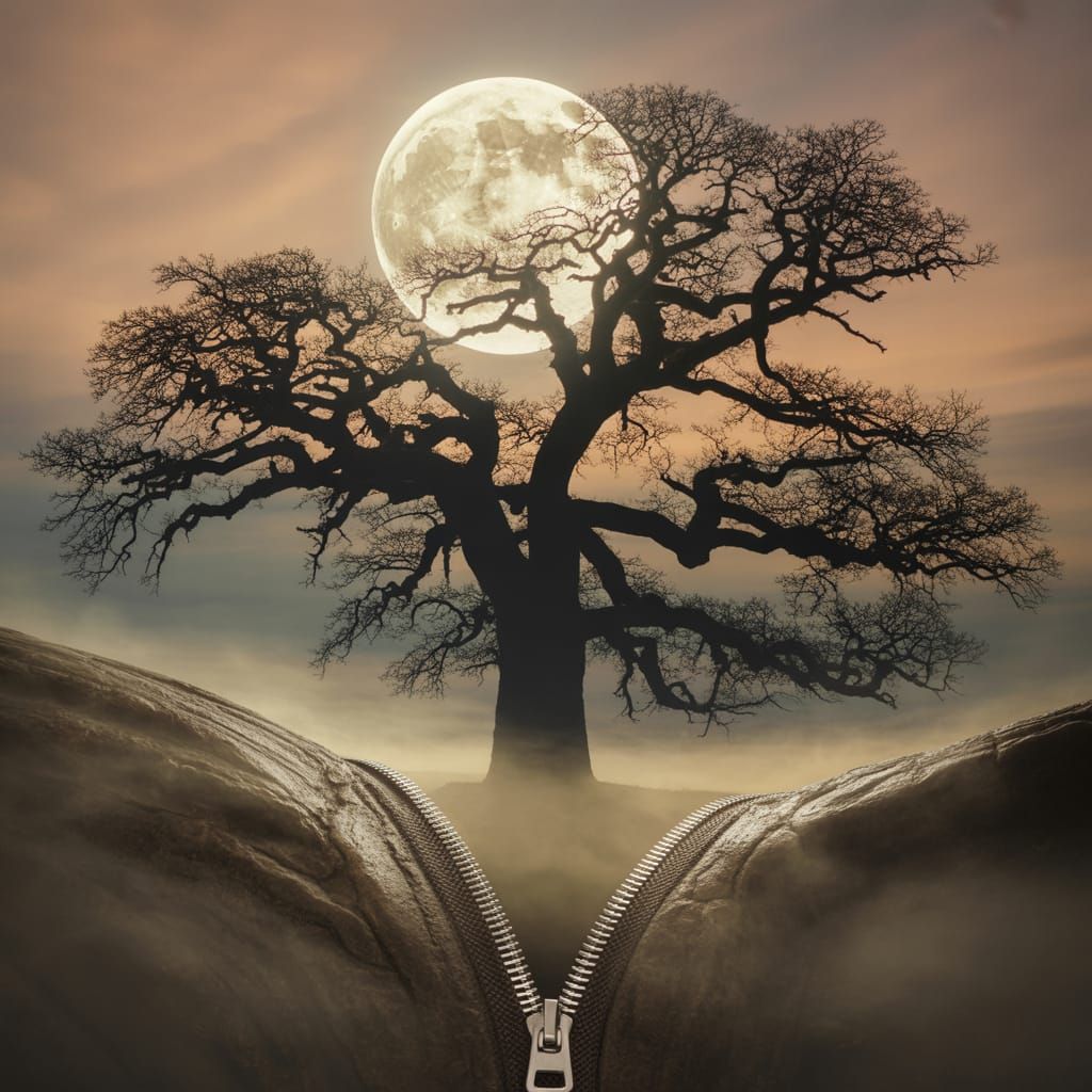 Majestic Oak Tree Silhouetted Against Moon