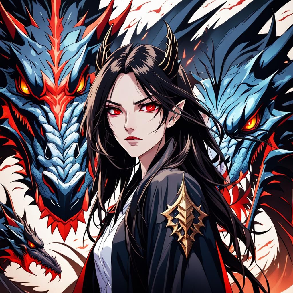 Vampire Woman and Dragon in Dark Fantasy Anime Style