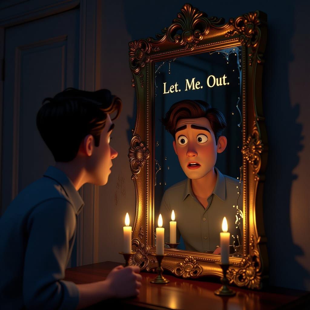 Pixar Style Young Man Confronts Mirror Reflection