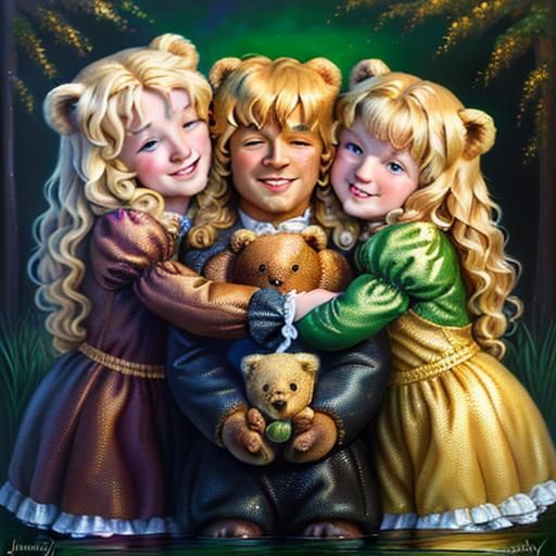 Goldilocks Hugging Bears in Oil Painting Style