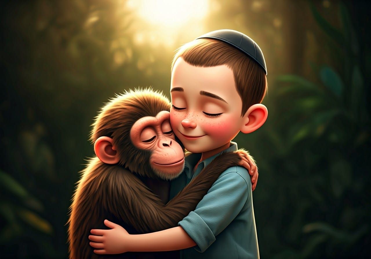 Cute Hasidic Jewish Boy Hugs Monkey at the Zoo