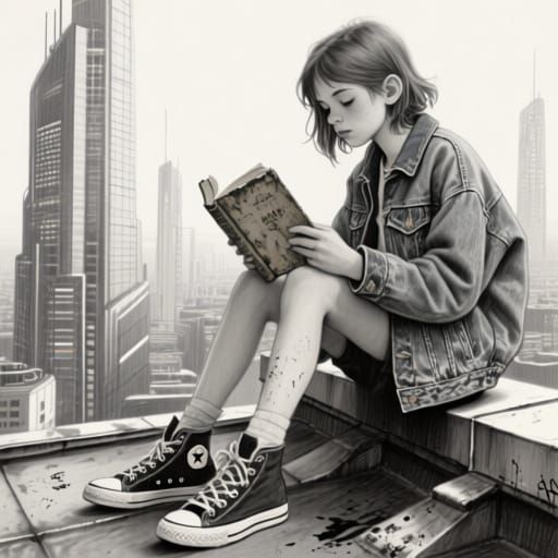 Rooftop Readers: Charcoal Drawing in Gritty Style