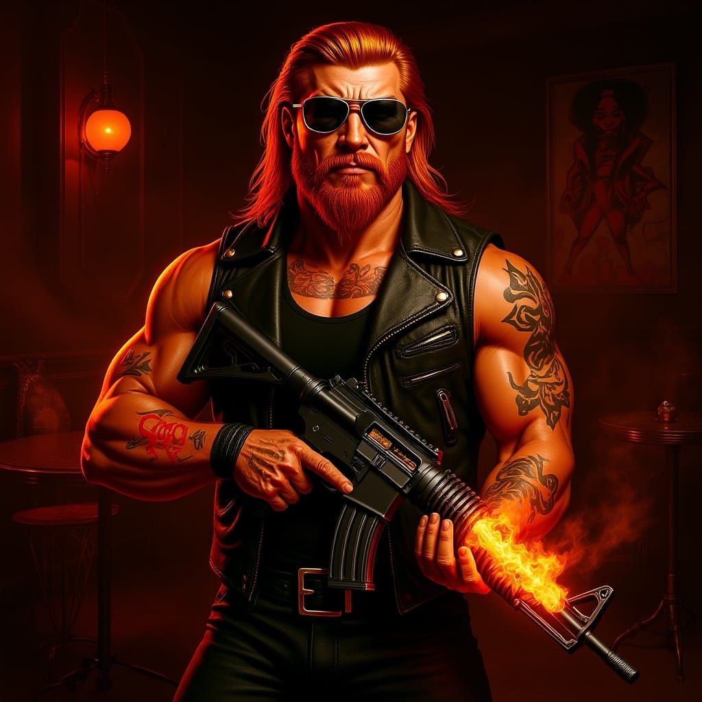 Fiery Martian Wrestler in Cyberpunk Jazz Club