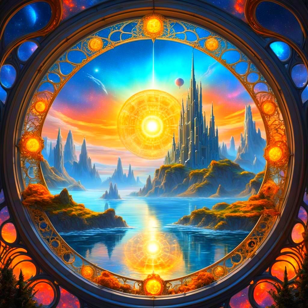 Surreal Alien Landscape with Golden Filigree Window in Cyber...