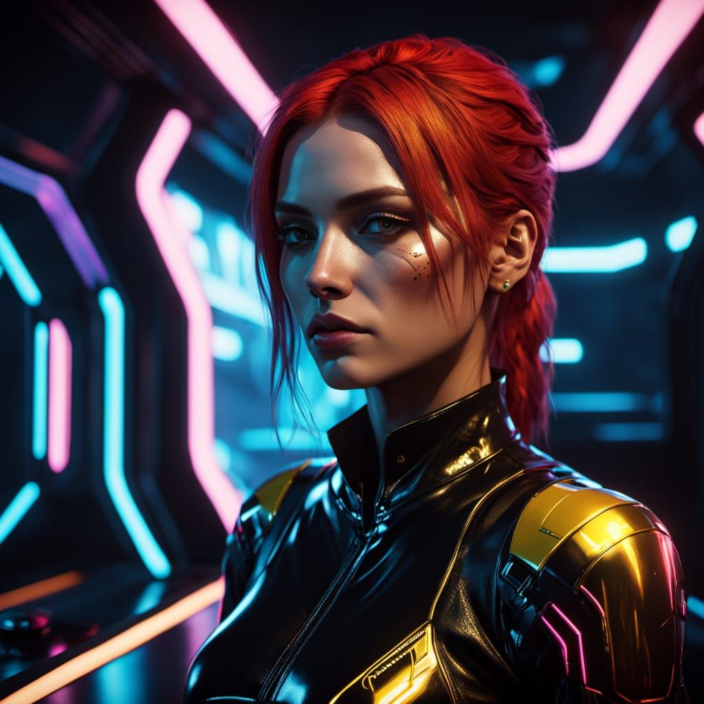 Glamorous Latina Cyberpunk Icon in Neon-Lit Futuristic Haven