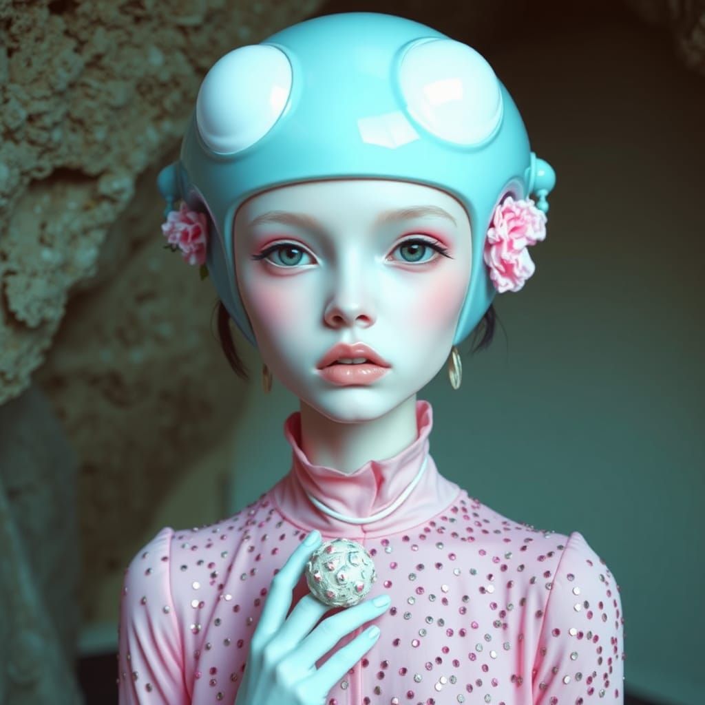 Ethereal Figure in Surreal Sci-Fi Cave