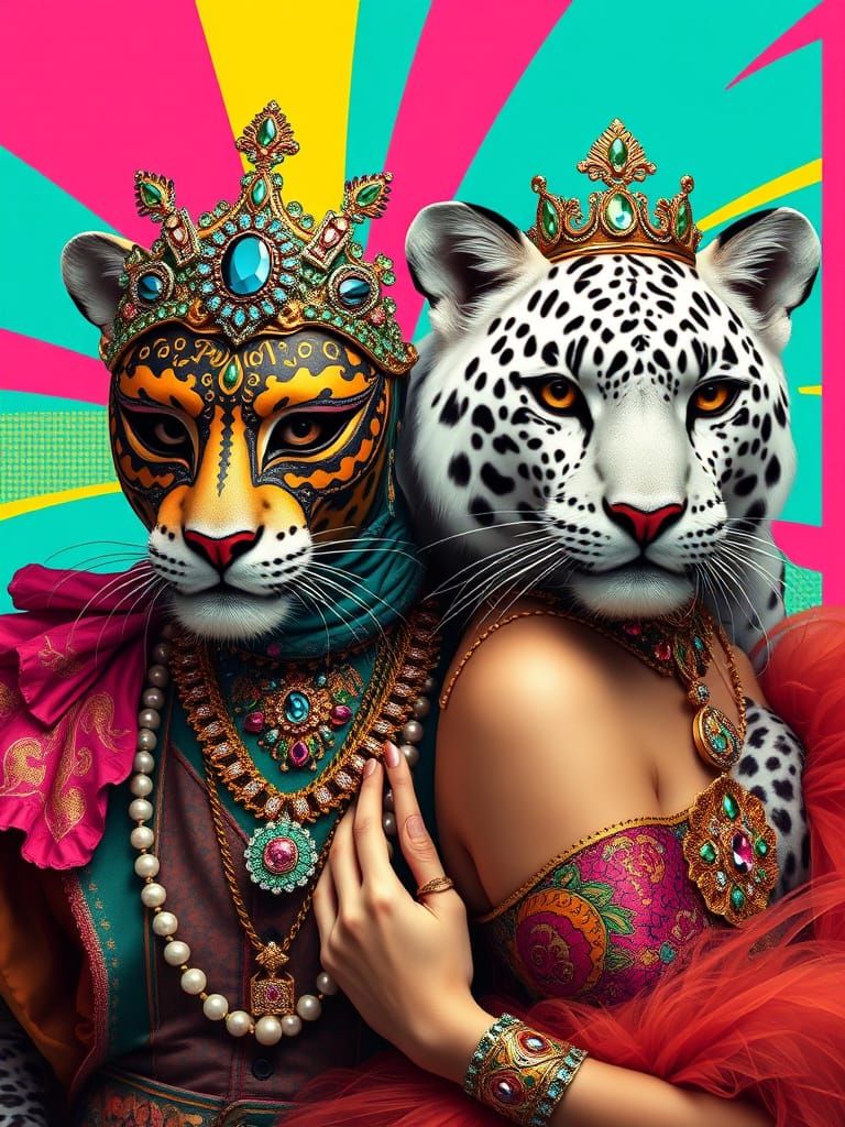 Luxurious Carnival Scene with Majestic White Jaguar and Colo...