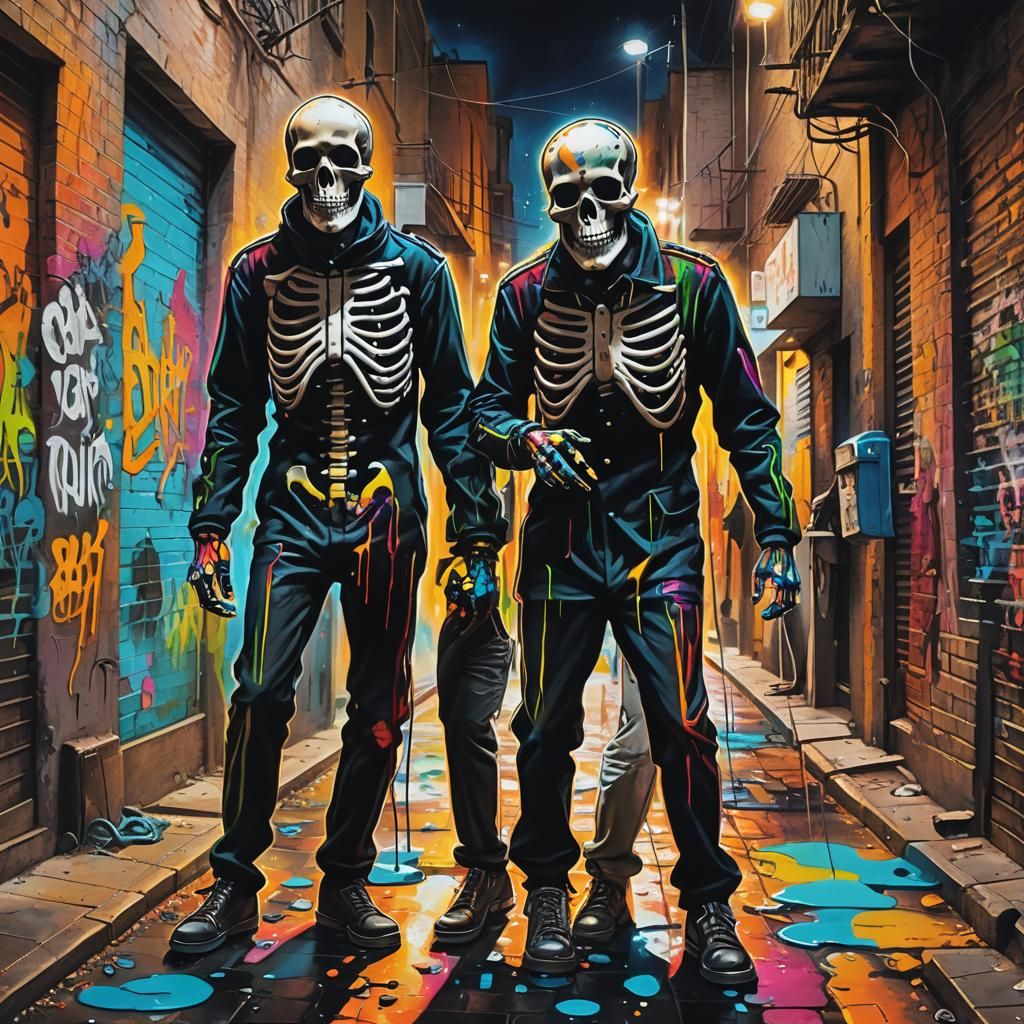 Skeleton Graffiti Art in City Alleyway