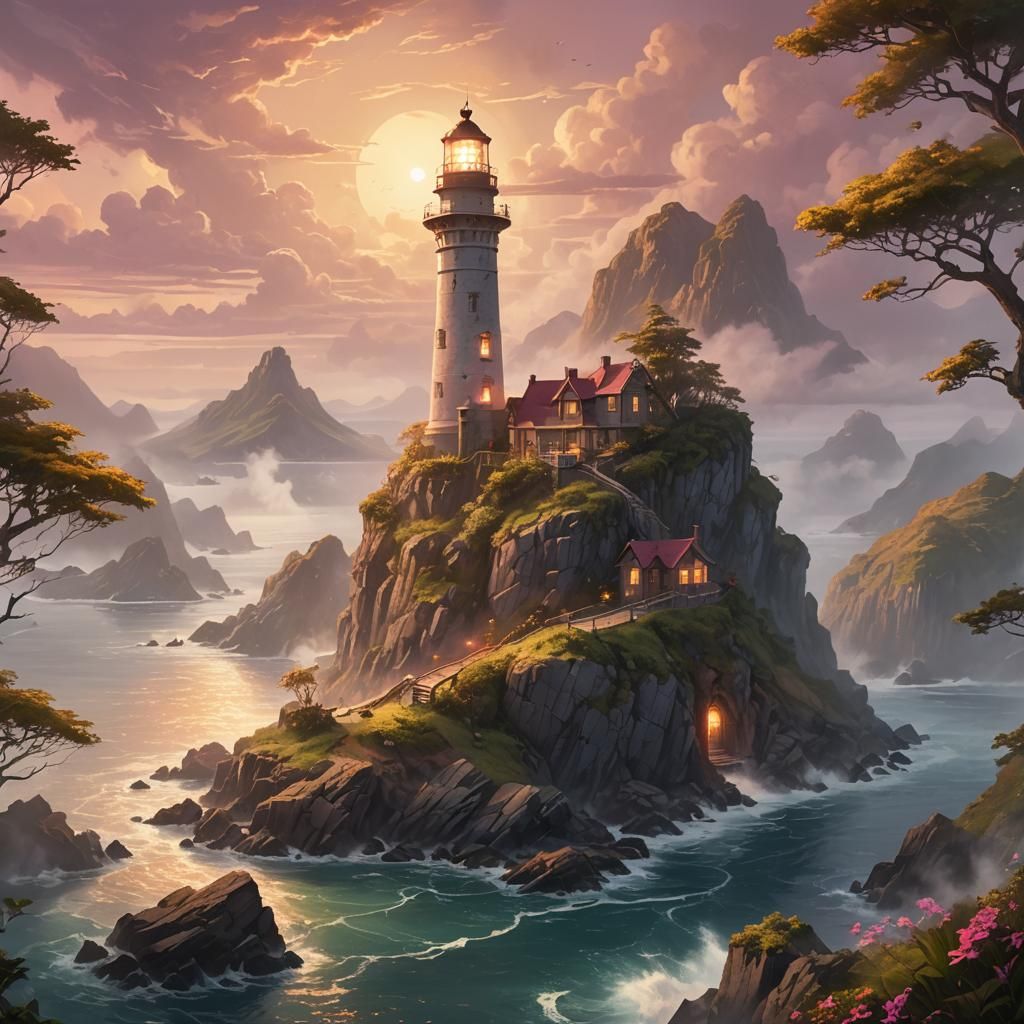 Majestic Lighthouse on Mysterious Island, Fantasy Art