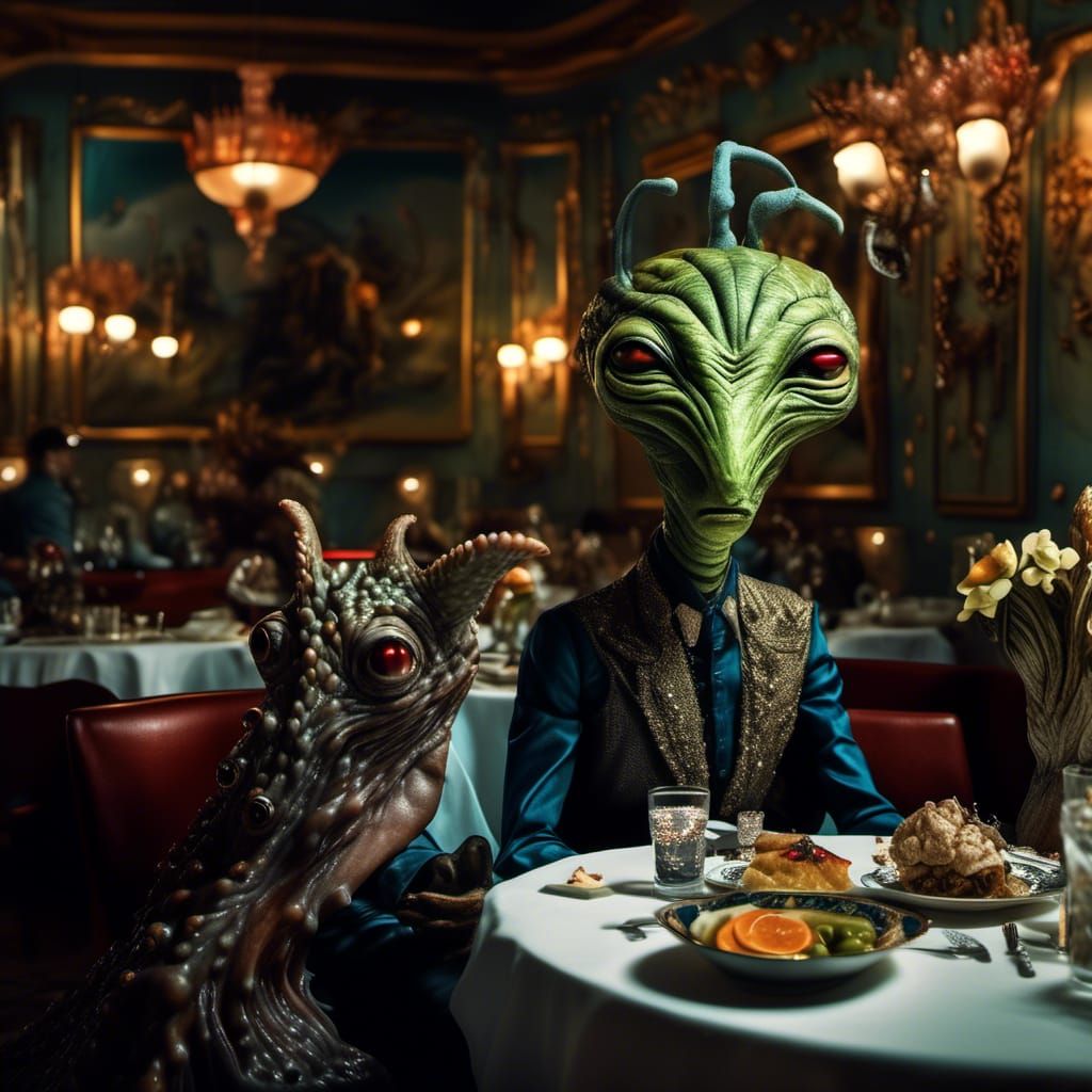 Exotic Aliens Celebrate in Surreal Restaurant Photography