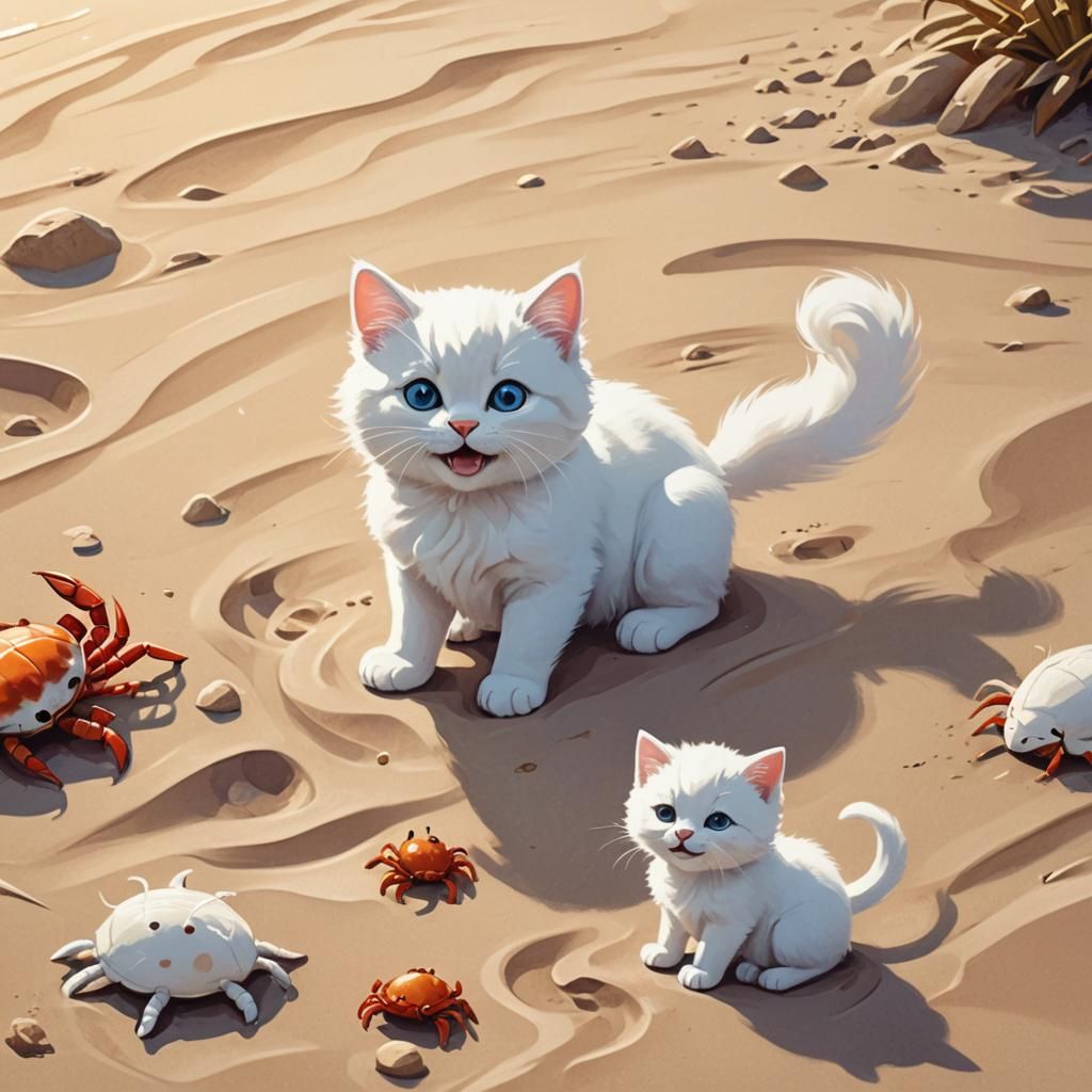 Cartoon Beach Scene with Kitten, Crab, and Samoyed