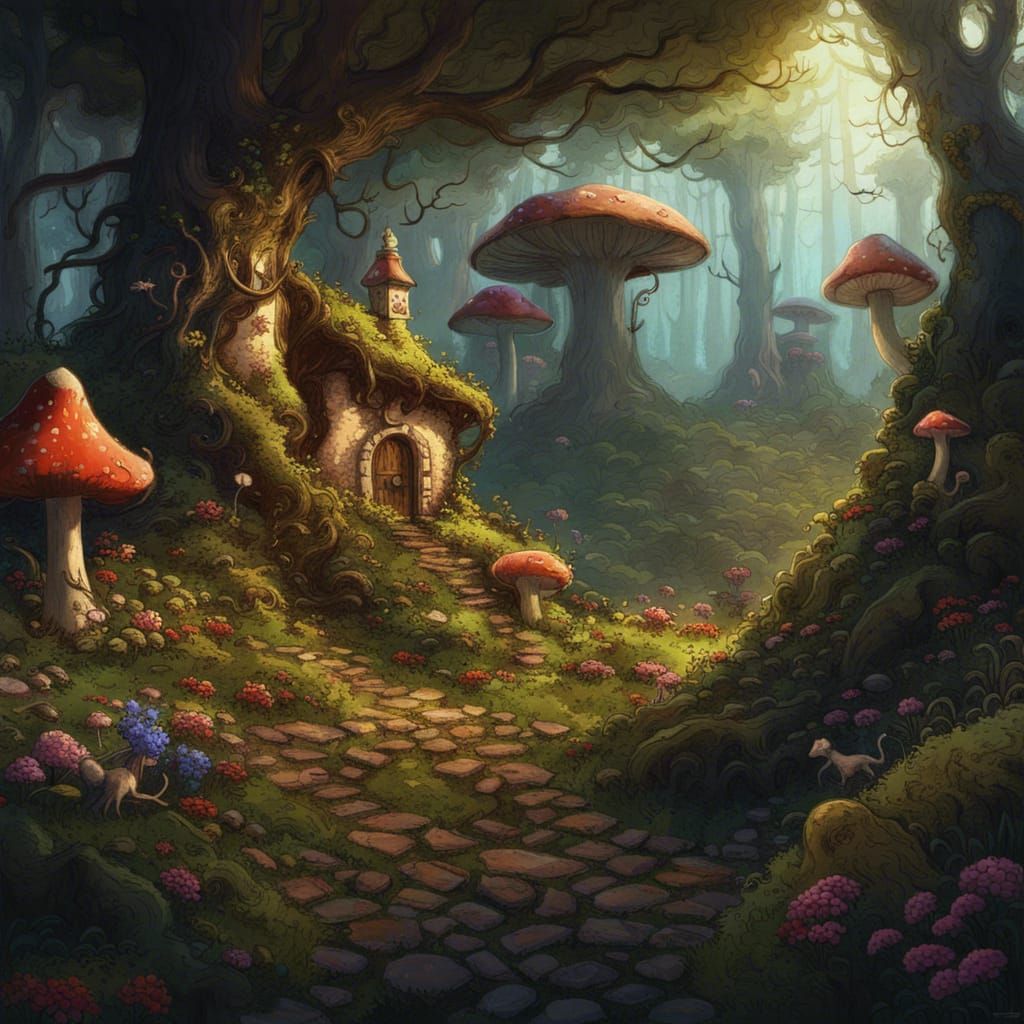 Fairytale Canine in Overgrown Forest: Detailed Line Art