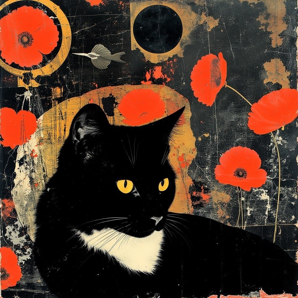 Whimsical Bohemian Cat Portrait in Vibrant Neon Drawing Styl...