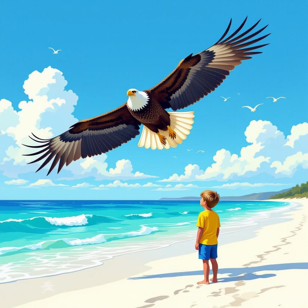 Bald Eagle Soaring Over Serene Seashore, Vibrant Art