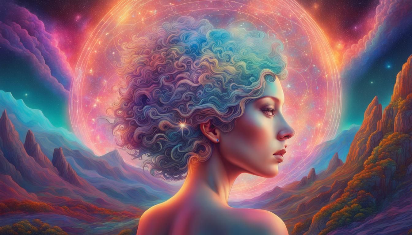 Astral Cosmic Landscape with Female Figure in Mixed Media