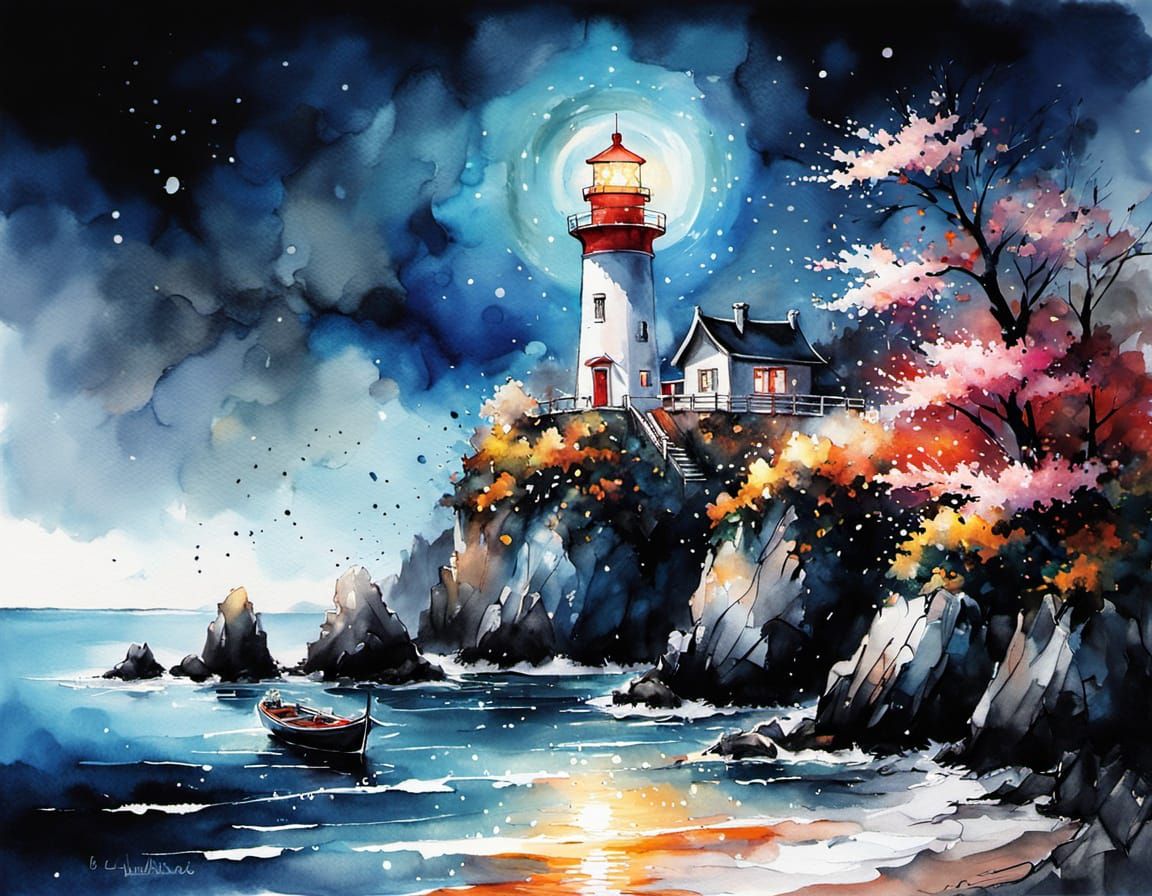 Lighthouse Over Chinese Landscape at Twilight