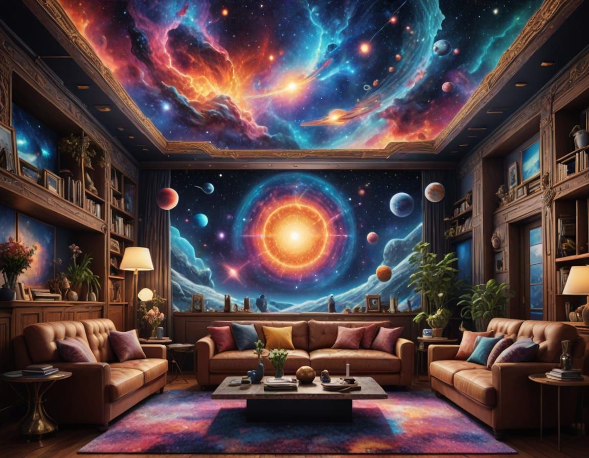 Cosmic Living Room in Vibrant Mixed Media