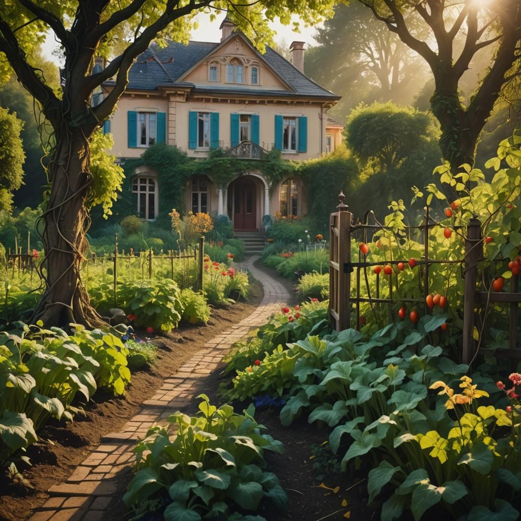 Vibrant Garden Beside Mansion in Fauvist Style