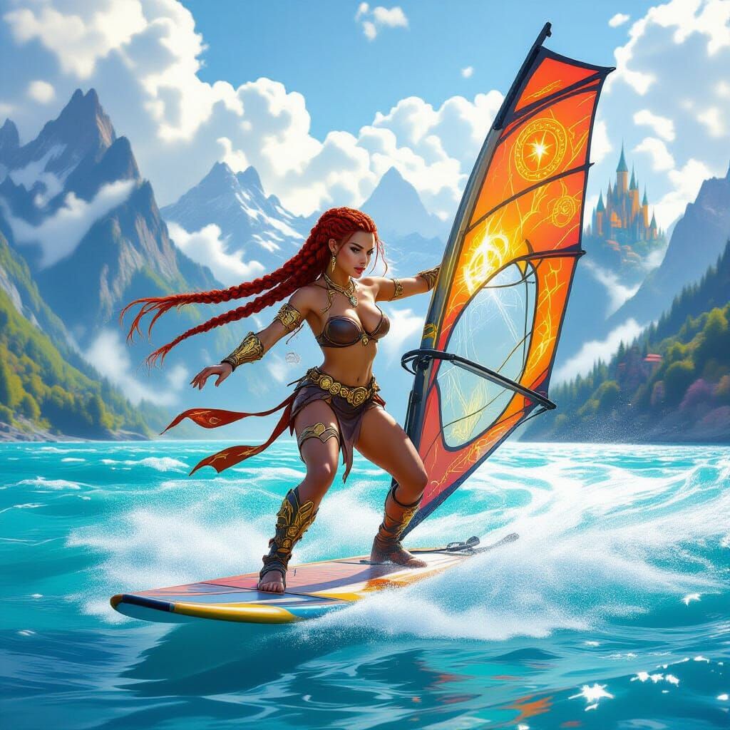 Fantasy Dwarf Windsurfs on Enchanted Lake