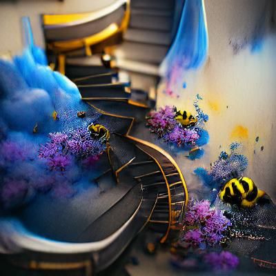 Surreal Stairs and Bumble Bees in Detailed Painting