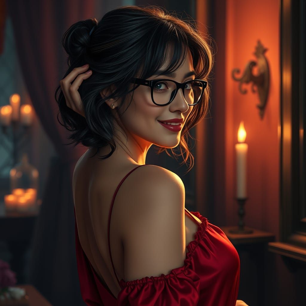 Romantic Woman in Red Nightgown, Matte Painting Style