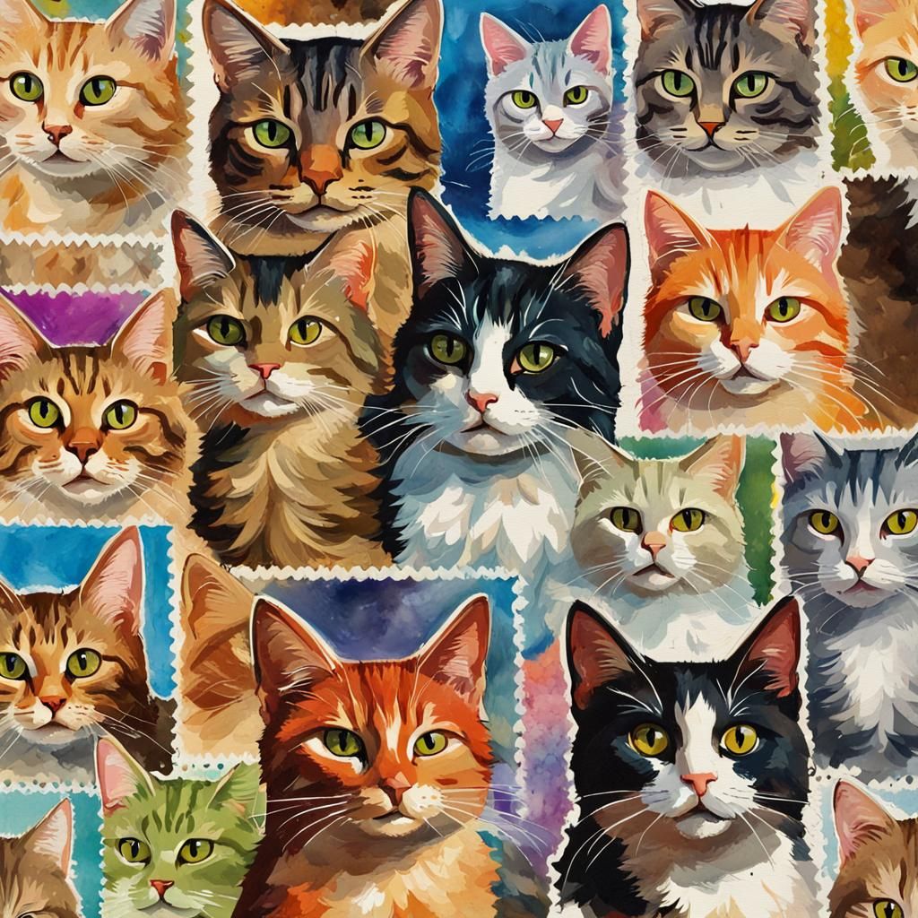 Colorful Cat Stamps in Gouache Watercolor Style